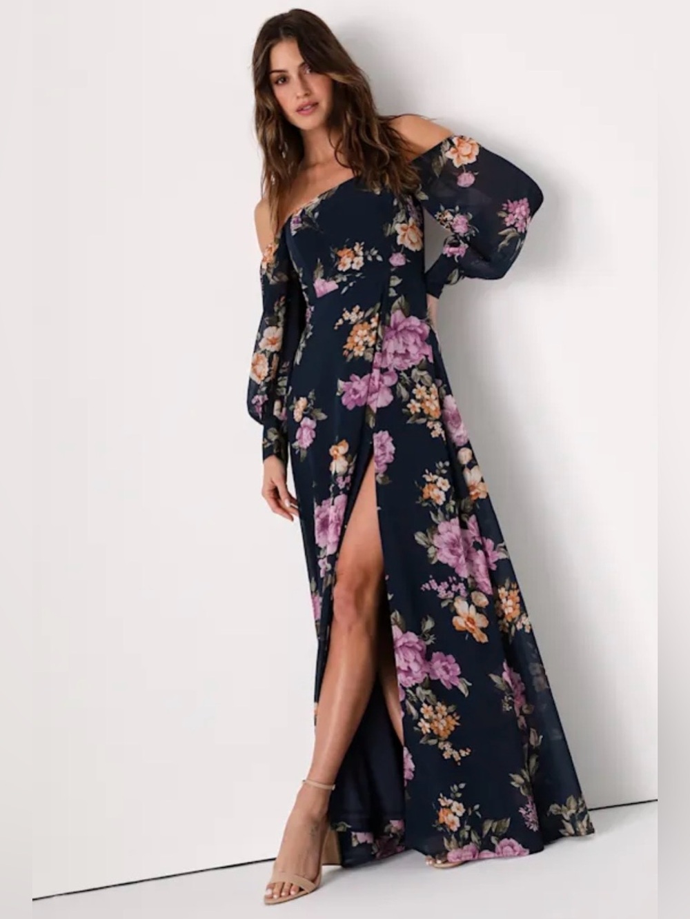 Lulu's Feel The Romance Floral Navy Off The-Shoulder Maxi Dress with Slit